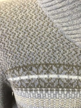 Mens, Pullover Sweater, INIS MEAIN, Lavender Purple, Gray, Lt Gray, Tan Brown, Cashmere, Wool, Speckled, L, with Novelty Stripe Across Chest, Ribbed Knit Overlap V-N, L/S, Ribbed Knit Cuff/Waist