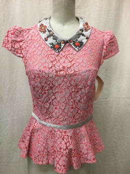 Karen Millen, Lt Gray, Coral Pink, Cotton, Polyester, Floral, Cap Sleeves, Peter Pan Collar, Rinestone Applique Lace, Flared Peplum, Silver Silk Trim See Photo Attached,