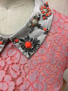 Karen Millen, Lt Gray, Coral Pink, Cotton, Polyester, Floral, Cap Sleeves, Peter Pan Collar, Rinestone Applique Lace, Flared Peplum, Silver Silk Trim See Photo Attached,
