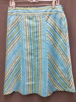 Womens, Skirt, Knee Length, MONSOON, Turquoise Blue, Lime Green, Dk Green, Off White, Linen, Viscose, Stripes - Vertical , Stripes - Diagonal , 8, Turquoise,lime,dark Green, Off White W/fine Light Blue Stripes, Vertical & Diagonal Stripes, 6 Large Panel, Flair Bottom, Side Zip, 3" Waistband, Turquoise Lining