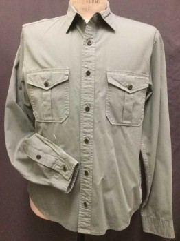 J.CREW, Sage Green, Cotton, Solid, Collar Attached, Button Front, Long Sleeves, 2 Pockets W/flap