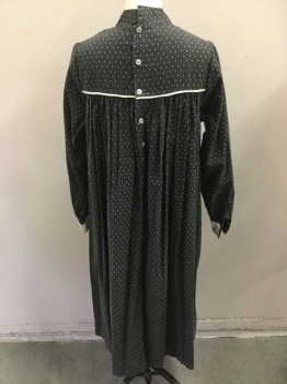 MTO, Black, White, Cotton, Calico , Made To Order, Long Sleeves, High Stand Collar, Buttons Up Center Back, White Cuffs with Lace, White Piping, Dotted Triangle Print, Cotton Plain Weave with a Lot of Body, Little House on the Prairie,