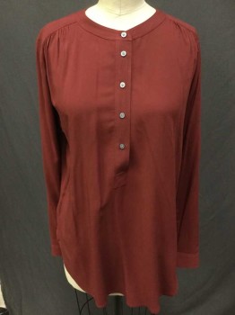 Womens, Blouse, LOFT, Brick Red, Rayon, Solid, XS, Brick Red, 5 Buttons, Gathered Shoulder Detail, Long Sleeves,