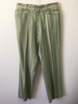 LEVI'S, Avocado Green, Cotton, Polyester, Twill with Brown, Navy and Green Vertical Stripes of Various Widths, Flat Front, Zip Fly, 4 Pockets, Straight Leg,