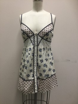 TOP SHOP, Cream, Blue, Navy Blue, Lt Pink, Cotton, Floral, Polka Dots, Floral Print Cotton Broadcloth with Covered Button Front. Adjustable Navy Spagetti Straps. Navy Trim Detail. Multi Print of Large Blue & Navy Floral on Cream, Tiny Pink 7 Navy Flroal Print on Cream and Navy Polka Dot on Cream.