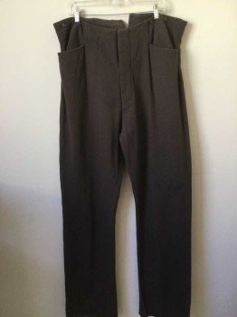 Mens, Historical Fiction Pants, MTO, Brown, Wool, Solid, 36/28, Made To Order, 1800's Pants, Button Fly, 2 Pockets, Adjustable Back Waist. Dark Navy Stains at Front Right Upper and Left Lower