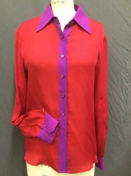 HOLMOS & YANG, Red, Purple, Silk, Solid, Red Bodice & Long Sleeves, Purple Collar Attached & Center Front Placket and Cuffs, Button Front, Long