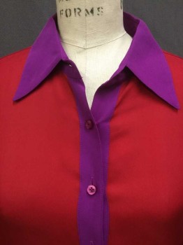 HOLMOS & YANG, Red, Purple, Silk, Solid, Red Bodice & Long Sleeves, Purple Collar Attached & Center Front Placket and Cuffs, Button Front, Long