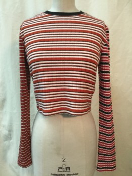 Womens, Top, TOPSHOP, White, Rust Orange, Black, Red, Synthetic, Stripes, 6, White/ Rust/ Black/ Red Stripes, Ribbed, Crew Neck, Long Sleeves, Cropped