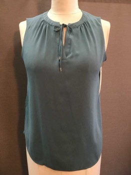 ANN TAYLOR, Aqua Blue, Polyester, Solid, Aquamarine, Gather Along Round V-neck, W/Self-tie Neck-gold Piece End, Sleeveless, Pullover