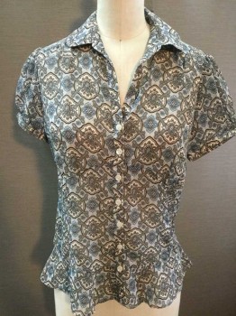 LOFT, Off White, Baby Blue, Tan Brown, Black, Gray, Polyester, Paisley/Swirls, Novelty Pattern, Off White W/gray Tiny Dots W/tan, Baby Blue,black Paisley/novelty Print, Sheer, Collar Attached, Button Front, Small Puffy Cap Sleeves