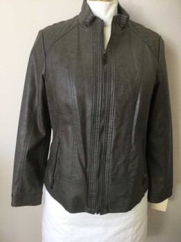 Womens, Leather Jacket, GIACCA, Tobacco Brown, Faux Leather, Mottled, 1XL, Zip Front, 2 Zip Pockets, Snap Cuffs, Stand Collar, Quilted Yoke