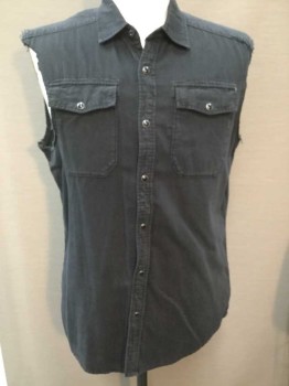 G STAR RAW, Black, Cotton, Solid, Sleeveless, Cut Off Sleeves, Snap Front, 2 Pockets, Collar Attached,