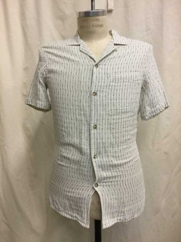 Mens, Casual Shirt, GOOD FELLOW, Ivory White, Black, Cotton, Stripes, Geometric, S, Ivory, White Stripe & Rectangle Print,