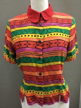 SANDRA ALCEDO, Multi-color, Rayon, Abstract , Stripes, Short Sleeve Button Front, Solid Red Peter Pan Collar, Shoulder Pads,