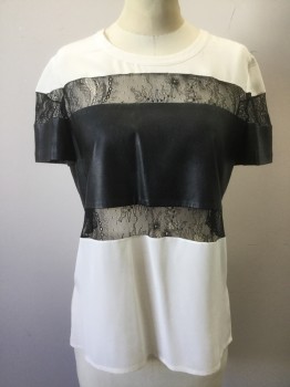 Womens, Top, CHELSEA & WALKER, Off White, Silk, Leather, Stripes, 4, with Bands of Black Lace and Leather, Crew Neck, S/S, Side Slits, Back Zip****Black Smudge on Shoulder****
