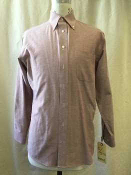 STAFFORD, Maroon Red, Poly/Cotton, Heathered, Button Down Collar, Long Sleeves, 1 Pocket,