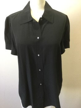 JCREW, Black, Silk, Solid, Collar Attached, Button Front, Short  Puffed Sleeves with Button