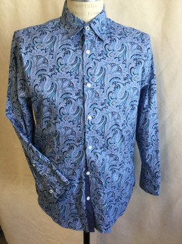 SOCIETY OF THREAD , Navy Blue, Periwinkle Blue, Lavender Purple, Off White, Cotton, Spandex, Paisley/Swirls, Collar Attached, Button Front, Long Sleeves,