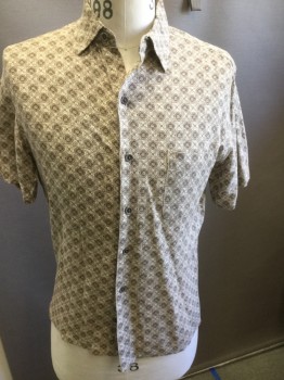 TASSO ELBA, Cream, Brown, Silk, Color Blocking, Collar Attached, Button Front, Short Sleeves, Floral Medallion-ish Print