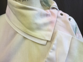 NL, Off White, Yellow, Pink, Blue, Cotton, Polyester, Ombre, Pastel Vertical Ombre, Double Layers Uneven Collar Attached with 3 Metal  Snap at Left Shoulder, Solid White  2nd Layer Collar and 3/4 Sleeves Cuffs , Curved Hem,