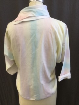 NL, Off White, Yellow, Pink, Blue, Cotton, Polyester, Ombre, Pastel Vertical Ombre, Double Layers Uneven Collar Attached with 3 Metal  Snap at Left Shoulder, Solid White  2nd Layer Collar and 3/4 Sleeves Cuffs , Curved Hem,