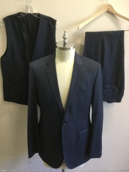 Mens, Suit, Jacket, BOSS, Navy Blue, Blue, Wool, Glen Plaid, 44L, Single Breasted, 2 Buttons,  Hand Picked Collar/Lapel, Notched Lapel, 2 Back Vents,
