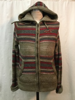 Mens, Cardigan Sweater, HOLLISTER, Taupe, Beige, Gray, Red, Wool, Synthetic, Stripes, M, Taupe/ Beige/ Gray/ Red Stripes, Zip Front, Hood, 2 Pockets,