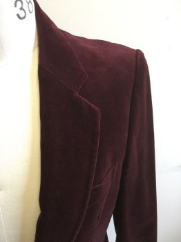 YVES ST. LAURENT, Red Burgundy, Cotton, Solid, Velvet, Collar Attached, Notched Lapel, 3 Pockets, Long Sleeves