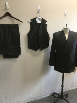 CUSTOM MADE, Black, Gray, Blue, Wool, Stripes - Static , Double Breasted, Peaked Lapel, Slit Pockets