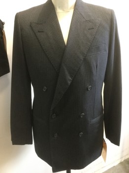 CUSTOM MADE, Black, Gray, Blue, Wool, Stripes - Static , Double Breasted, Peaked Lapel, Slit Pockets