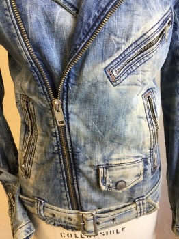 Womens, Jean Jacket, DIESEL, Lt Blue, Cotton, Elastane, Solid, S, Large Notched Lapel, with Metal Snaps, Off Side Zip Front, 3 Slant Pockets with Zipper, 1 Small Pocket with Flap & Snap, Long Sleeves with Zipper at Cuffs, Self Attached Belt with Rectangle Silver Buckle