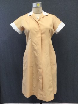 ANGELICA, Apricot Orange, White, Polyester, Cotton, Solid, Zip Front with Snap Hidden Placket, 2 Pockets, Short Sleeves, White Collar Attached, White Curved Cuff Detail