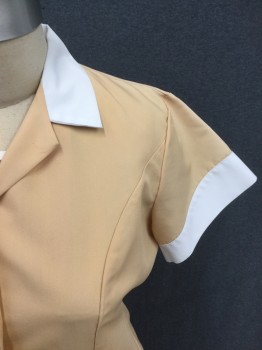 ANGELICA, Apricot Orange, White, Polyester, Cotton, Solid, Zip Front with Snap Hidden Placket, 2 Pockets, Short Sleeves, White Collar Attached, White Curved Cuff Detail