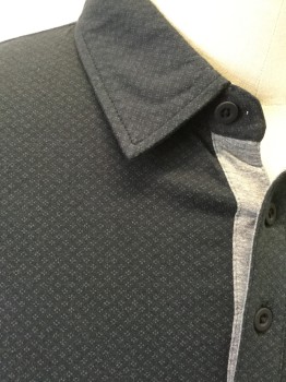 JOESPH ABBOUD, Black, Gray, Cotton, Diamonds, Dotted Diamond Pattern, Collar Attached, 3 Buttons,  Short Sleeves, 1 Pocket