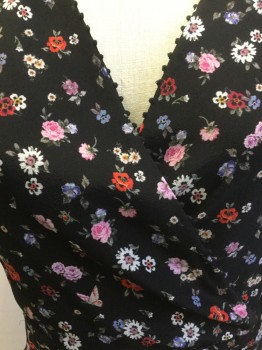 Womens, Dress, Short Sleeve, The Kooples, Black, Dk Red, Silk, Floral, XS, Red Florals with Butterflys