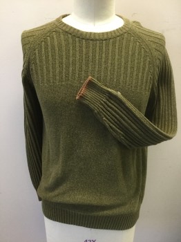 Mens, Pullover Sweater, COLUMBIA, Olive Green, Cotton, Solid, L, Knit with Alternating Ribbed/Non Ribbed Texture, Long Sleeves, Crew Neck, Light Brown Trim at Cuffs