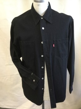 LEVI'S, Black, Cotton, Solid, Collar Attached, Silver  Button Front, 2 Pockets, Long Sleeves, Curved Hem