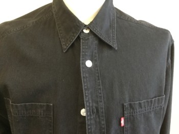LEVI'S, Black, Cotton, Solid, Collar Attached, Silver  Button Front, 2 Pockets, Long Sleeves, Curved Hem
