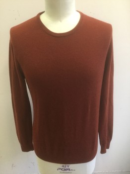 Mens, Pullover Sweater, J.CREW, Rust Orange, Cashmere, Solid, L, Knit, Wide/Stretched Out Crew Neck, Long Sleeves