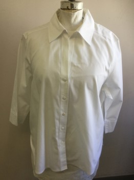 FOX CROFT, White, Cotton, Solid, Button Front, 3/4 Sleeves, Collar Attached,