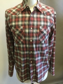 Mens, Western, LUCKY BRAND, Red, Gray, White, Cotton, Plaid, M, Collar Attached, Pearl Button Snap Front, Long Sleeves, Flap Pockets