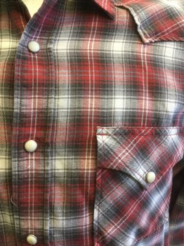 Mens, Western, LUCKY BRAND, Red, Gray, White, Cotton, Plaid, M, Collar Attached, Pearl Button Snap Front, Long Sleeves, Flap Pockets