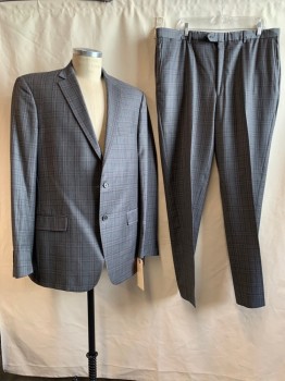 HART SHAFFNER MARX, Heather Gray, Dk Gray, Wool, Plaid, Notched Lapel, Collar Attached, 2 Buttons,  3 Pockets,