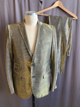 GIOVANNI TESTI, Gold, Polyester, Viscose, Heathered, Horizontal Ribbed Metallic, Single Breasted, Collar Attached, Notched Lapel, 4 Pockets