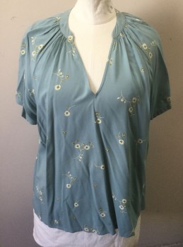 SUSINA, Dusty Blue, Avocado Green, White, Terracotta Brown, Rayon, Floral, Dots, Dusty Blue with Faint Terracotta Dots, Avocado/White Flowers Pattern, Short Sleeves, Round Neck with Large V Notch at Center, Raglan Sleeve, Gathered at Neckline
