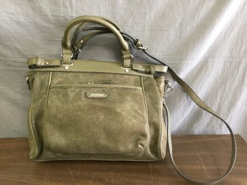 Womens, Purse, DANA BUCHMAN, Moss Green, Leather, Animal Print, Faux Snakeskin, Handle, Belt Loops Around Sides, Detachable Shoulder Strap, 1 Pocket on Outside, Snap Closure