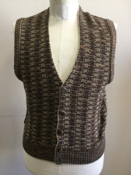 Mens, Sweater Vest, BRANDINI, Brown, Olive Green, Dk Green, Oatmeal Brown, Acrylic, Wool, Novelty Pattern, C: 38, M, Vertical and Horizontal Crosshatched Stripes, Button Front Cardigan Vest, Ribbed Knit Armholes/Waistband, Oatmeal Piping/Hem