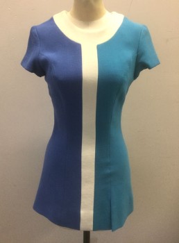 Womens, Waitress/Maid, N/L, Turquoise Blue, Cornflower Blue, Cream, Polyester, Color Blocking, W:26, B:32, Stewardess Dress, Right Side is Cornflower, Left is Turquoise, Center 1.5" Vertical Panel and Neckline are Cream, Crepe, Cap Sleeves, Round Neck, Mini Length, Princess Seams, Late 1960's Mod Made To Order, Double,