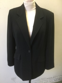 Womens, Blazer, KASPER, Black, Polyester, Solid, B 40, 12, Single Breasted, 1 Button, Notched Lapel, Padded Shoulders, 2 Pockets